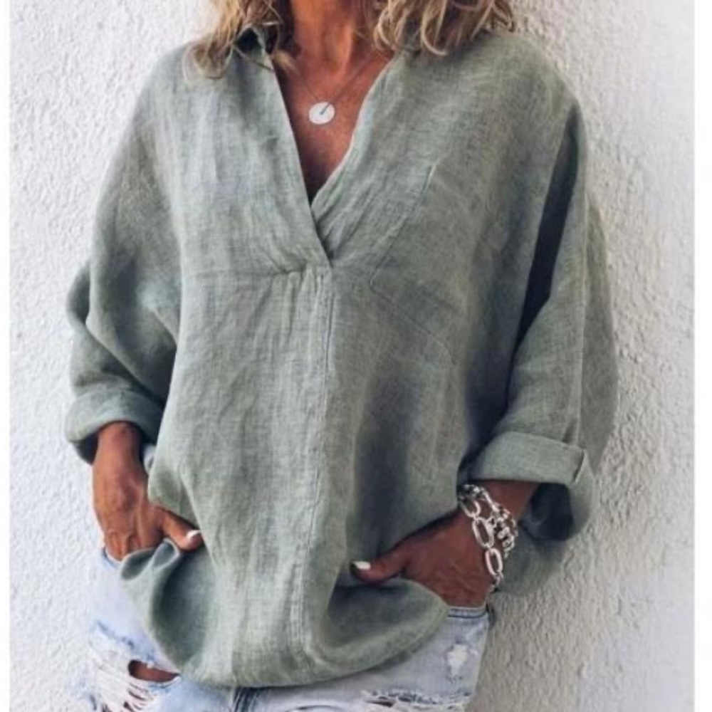 Spring Solid Long Sleeve V Neck Blouse Green Xxl - image 1